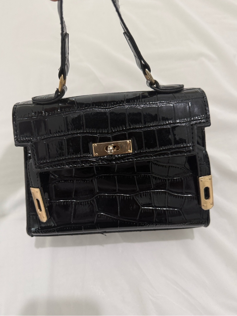 Black Croc-Embossed Mini Top-Handle Bag with Gold Hardware
